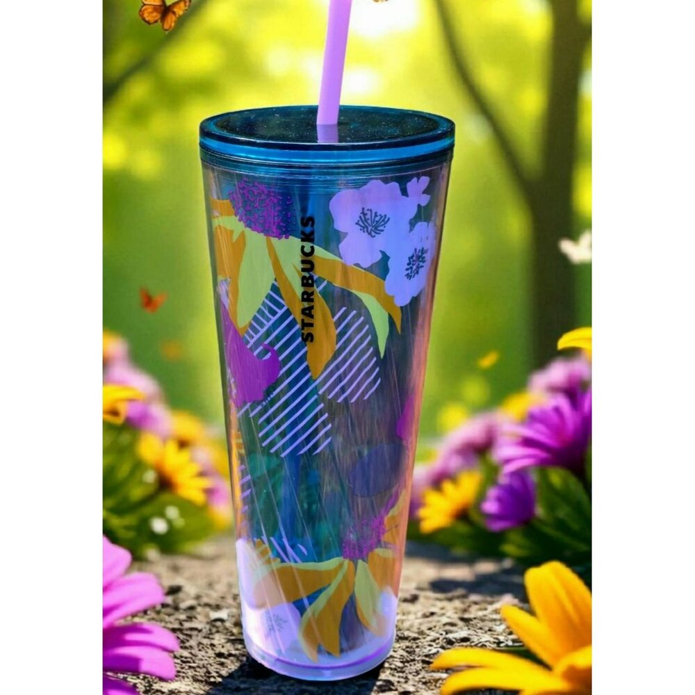 2022 Starbucks Floral Tumbler Cold Coffee Cup Straw Blue Tropical Flowers 24 Oz